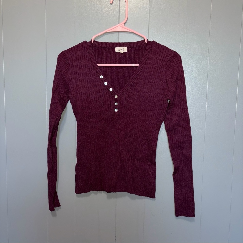 La Miel Plum Purple Long Sleeve Ribbed Henley Shirt Medium